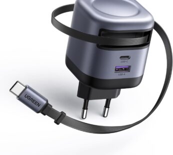 UGREEN GAN 45W USB-C Charger 3 in 1 with Retractable Cable, Fast Charging Super Fast Charging 2.0 PD 3.0 QC 3.0, Compatible with Samsung, MacBook, iPhone, for Travel